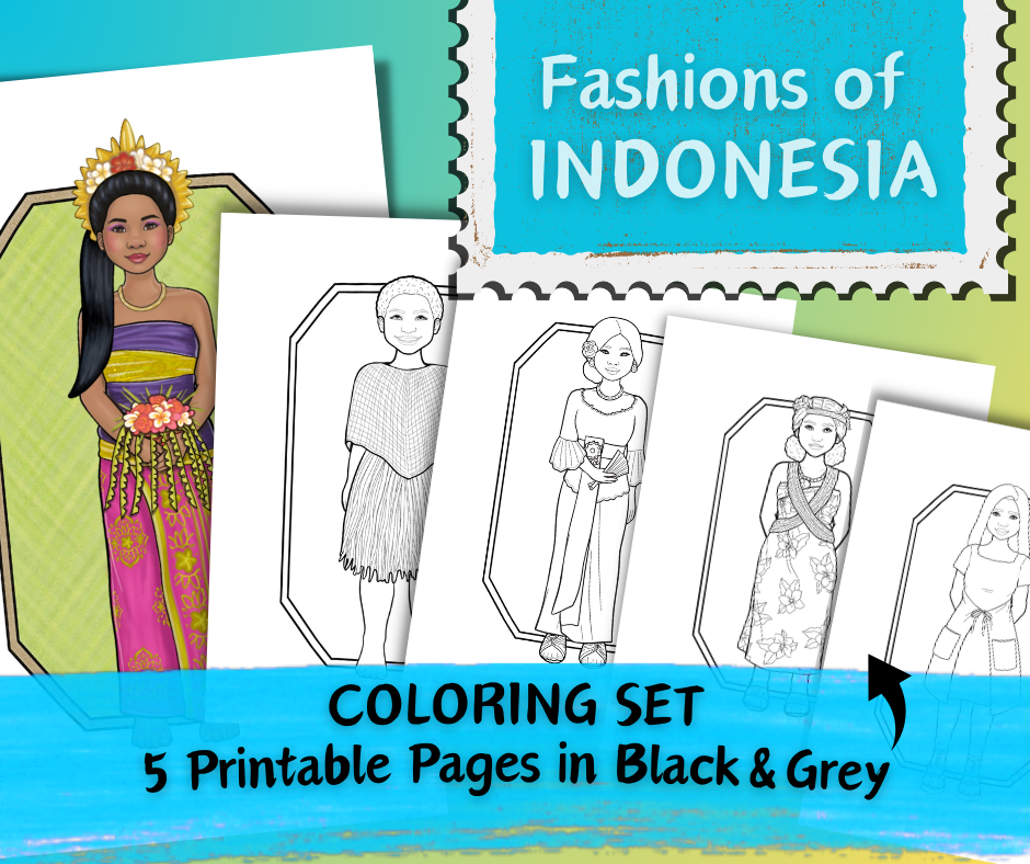 Fashions of Indonesia - Printable Coloring Set - 5 Pages