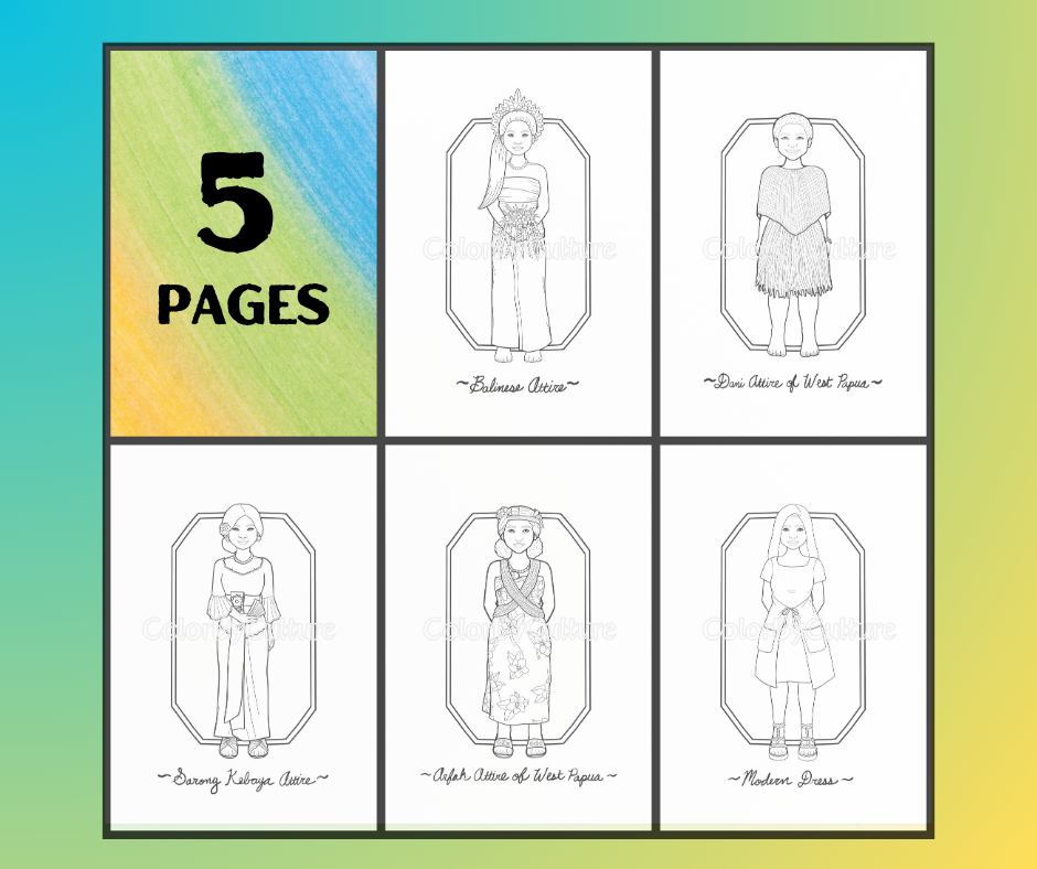 Fashions of Indonesia - Printable Coloring Set - 5 Pages