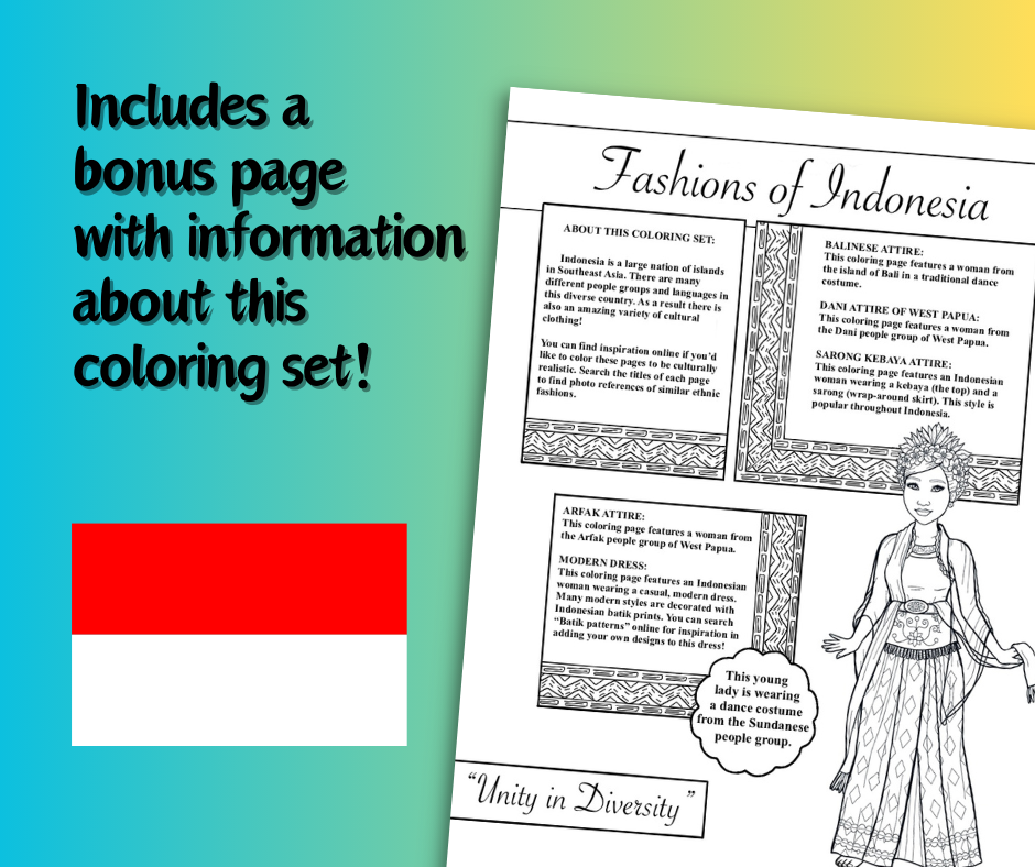 Fashions of Indonesia - Printable Coloring Set - 5 Pages